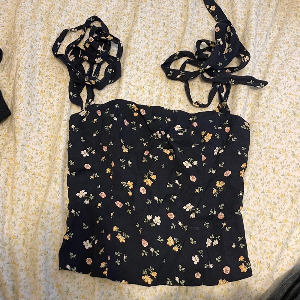Reformation navy floral tie top